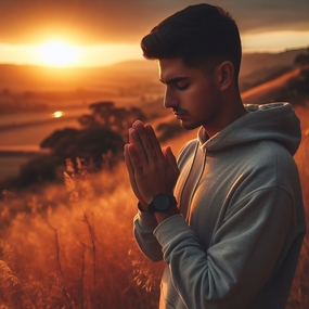 日暮黄昏山坡上虔诚祈祷帅哥图片